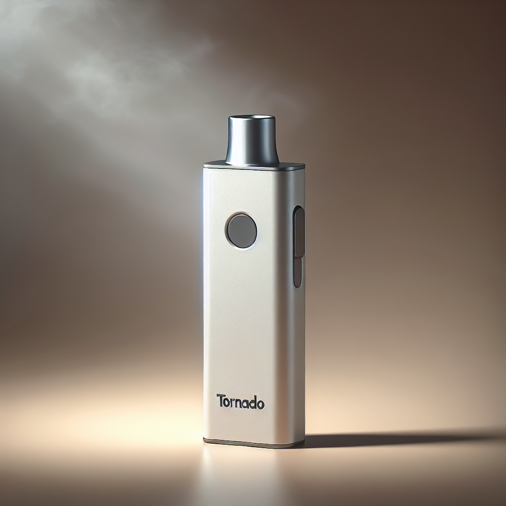 Вейп одноразка Tornado на нейтральному фоні з легким клубком пару — одноразка RandM Tornado, міцна нікотинова