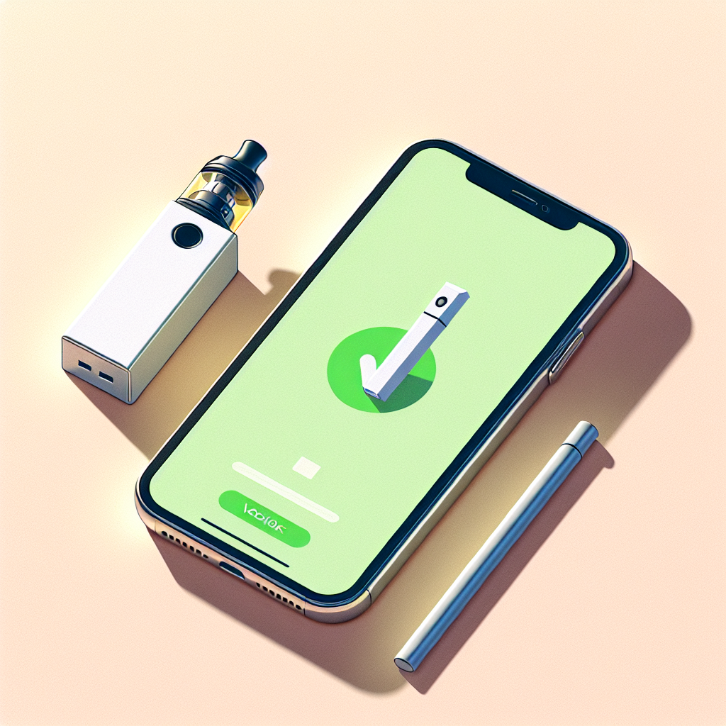 Ілюстрація одноразової підсистеми і смартфона з галочкою — перевірка оригінальності одноразки при купівлі онлайн