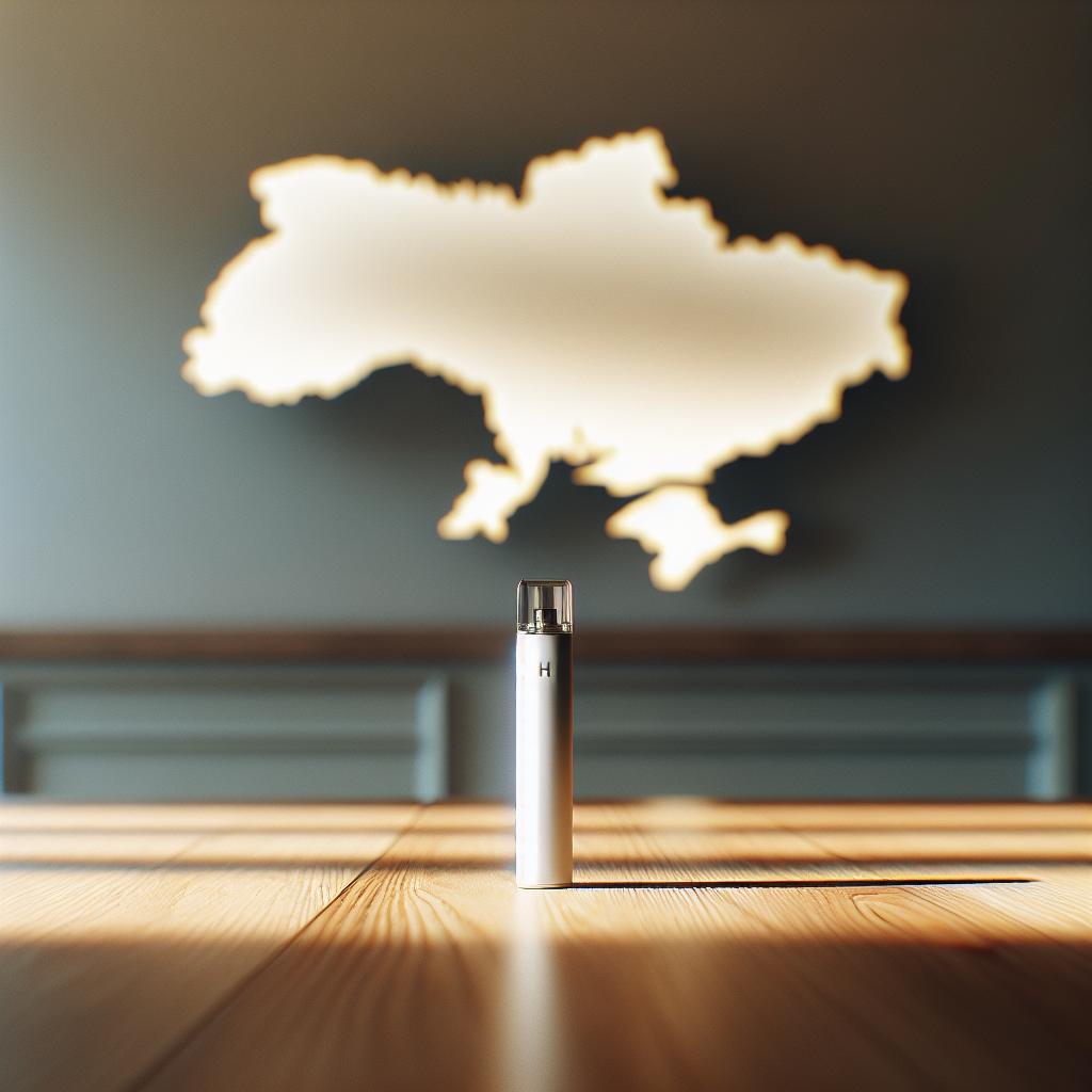 Вейп одноразка на дерев'яному столі, тло — розмита мапа України; ілюстрація для купити одноразку в Ужгороді