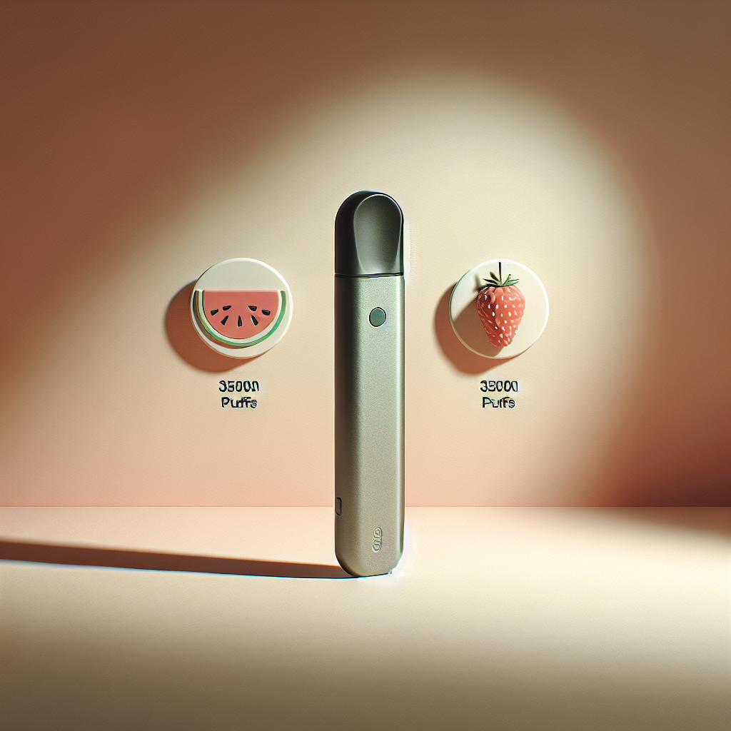 Мінімалістичне фото одноразового вейпа з іконками арбуз‑клубника та бейджем 3500 затяжок на пастельному фоні