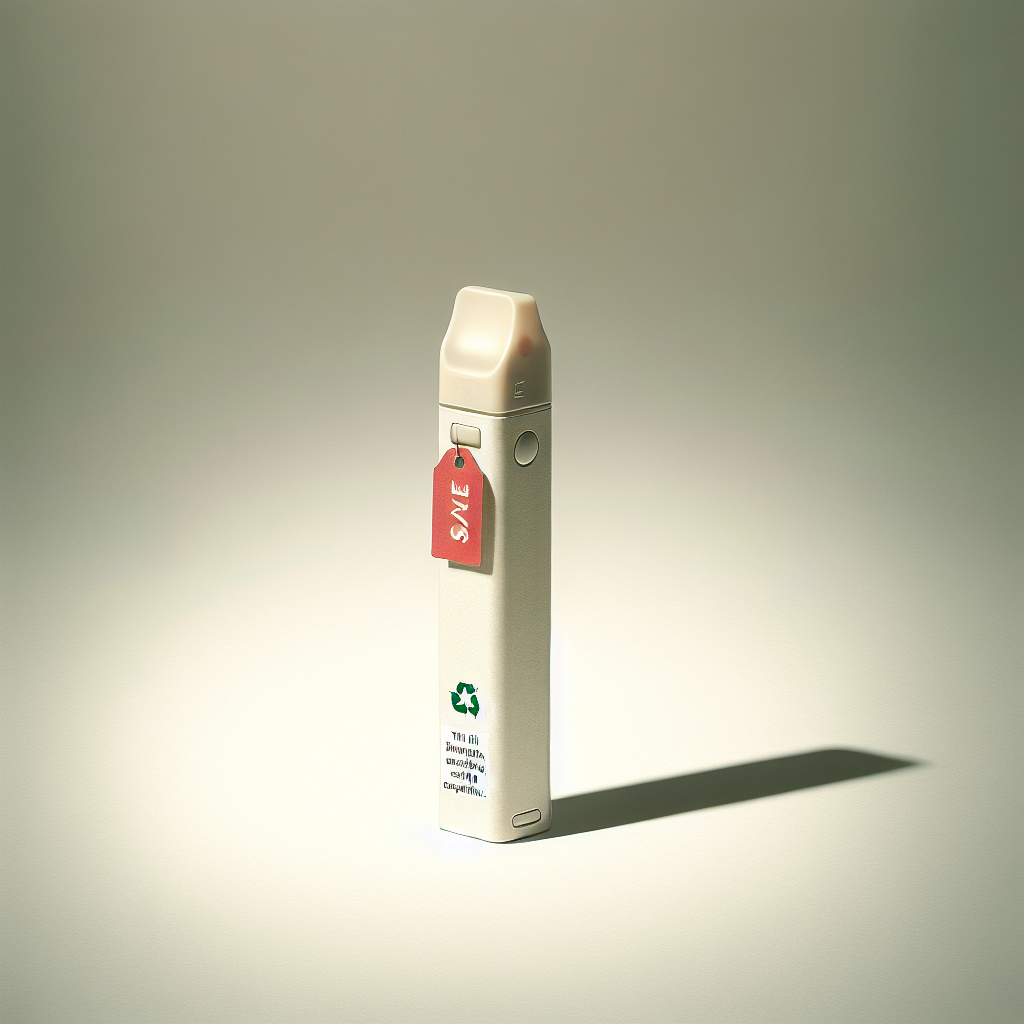 Одноразовий вейп на світлому фоні з червоним цінником акції та знаком переробки — купити одноразку, сольовий нікотин