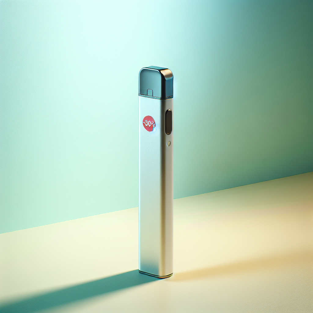 Одноразовий вейп на пастельному фоні з наліпкою -30% і позначкою 0 мг — купити одноразовий вейп зі знижкою онлайн