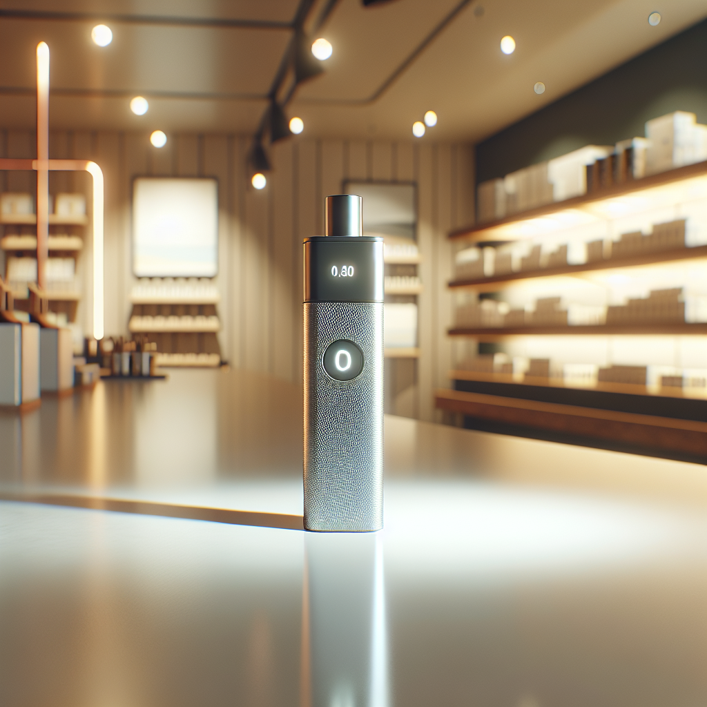 Мінімалістичне фото вейп одноразка з індикатором заряду на прилавку в магазині