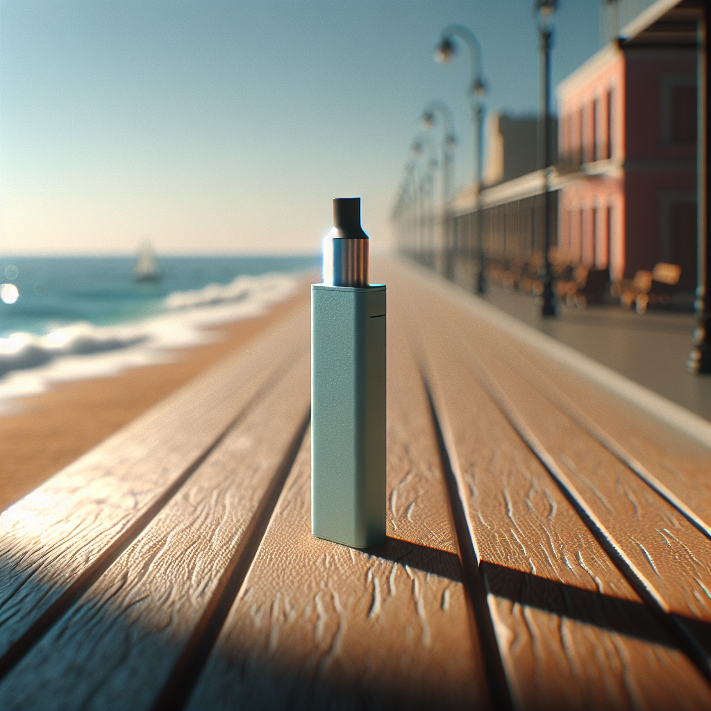 Одноразовий вейп на дерев'яній поверхні з розмитим морським фоном в Одесі