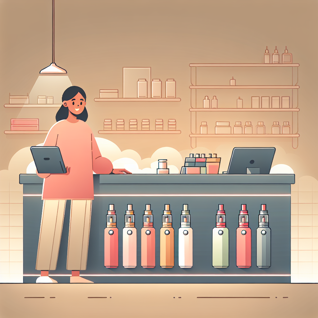 Мінімалістичне зображення прилавка вейп‑магазину з продавцем і одноразками — купити одноразку через сайт у Кривому Розі
