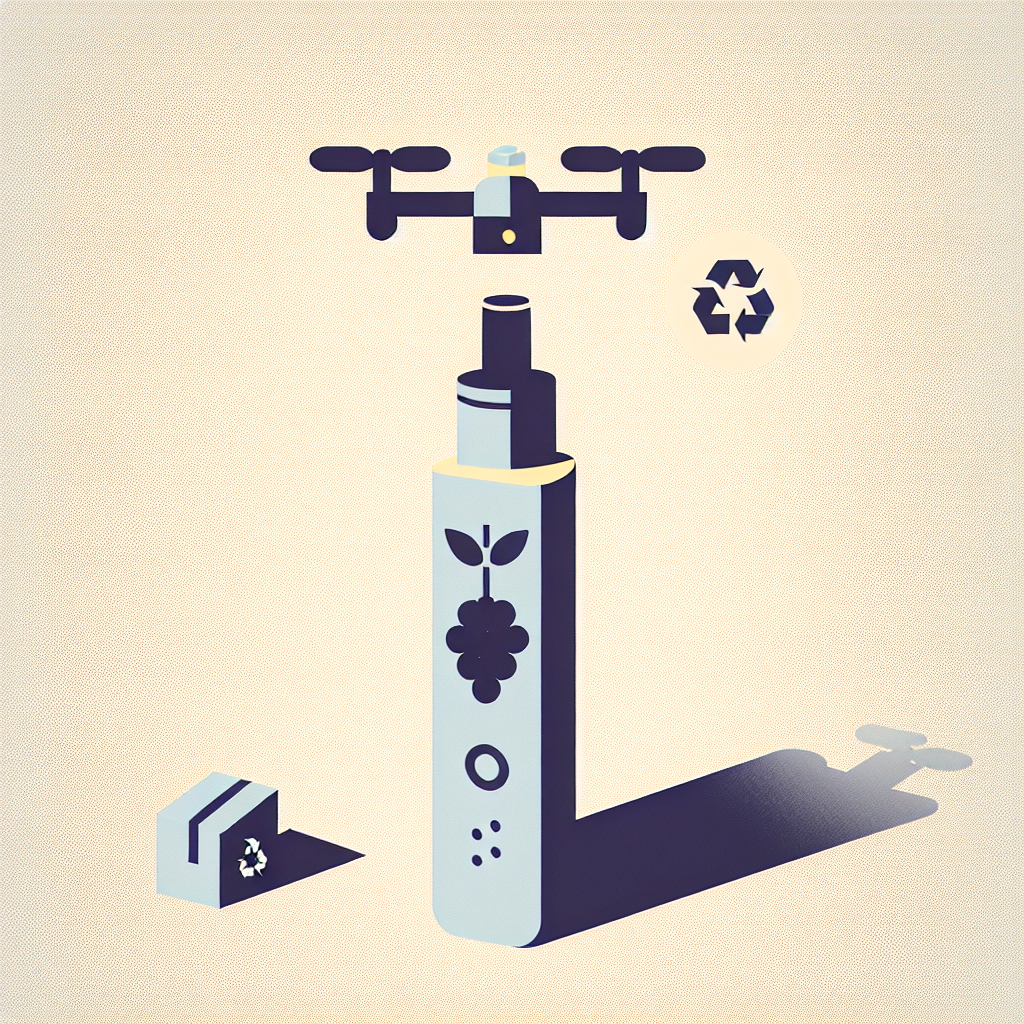 Мінімалістична ілюстрація одноразового вейпа (смак виноград), дрон‑доставка по Україні та символ переробки